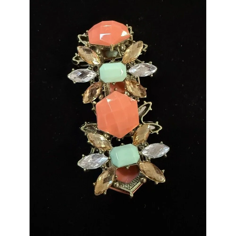 VTG Large J Crew  Gold Tone, Orange And Rhinestone Starburst Stretch Bracelet